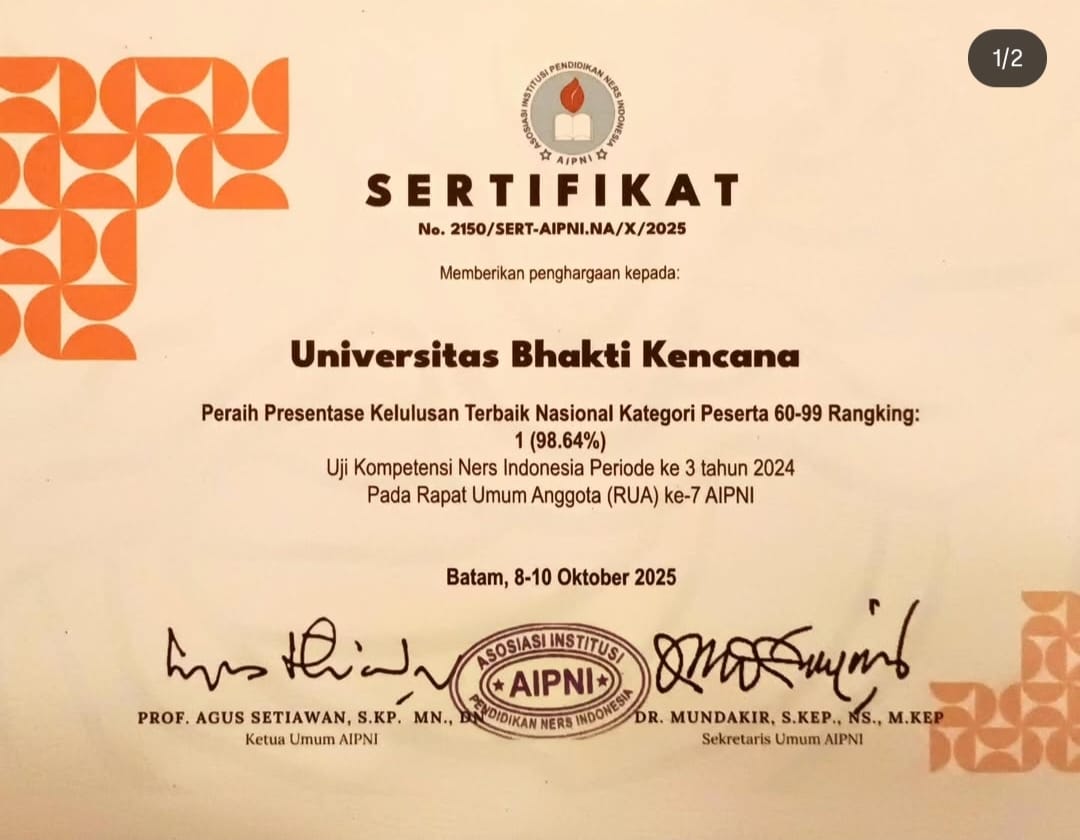 Presentasi Kelulusan Terbaik Nasional Peringkat 1 Program Studi Sarjana Keperawatan dan Profesi Ners Fakultas Keperawatan Bhakti Kencana University